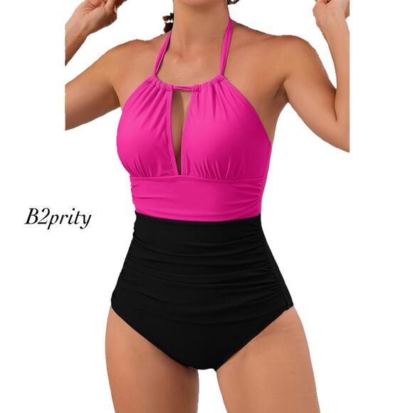 B2prity Pink Black Keyhole Halter Bathing Suit One Piece Swimsuit NWT Size S - Picture 1 of 10